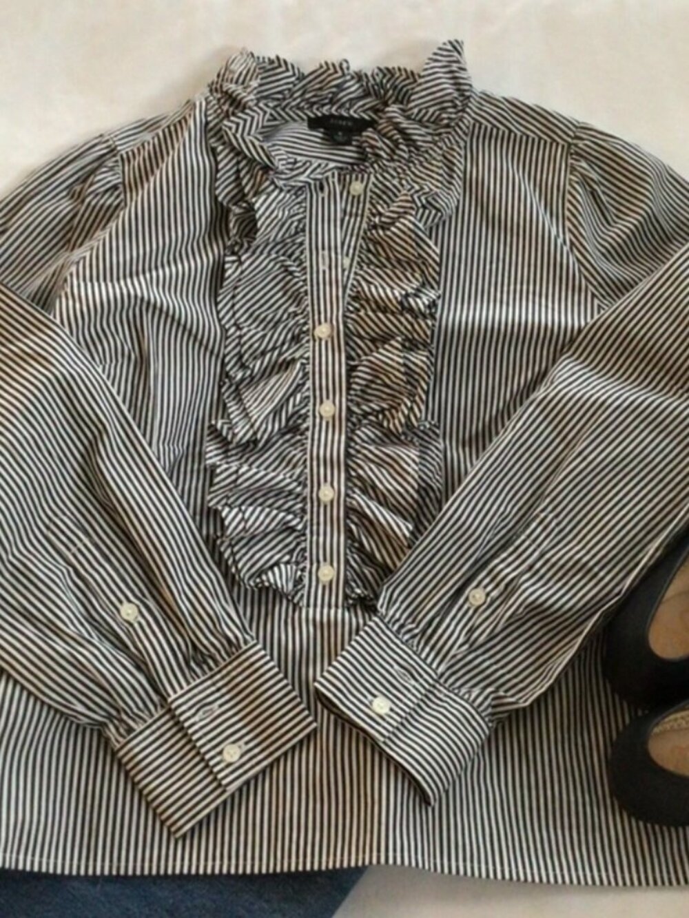 J Crew Ruffle Front Striped Blouse Sz S